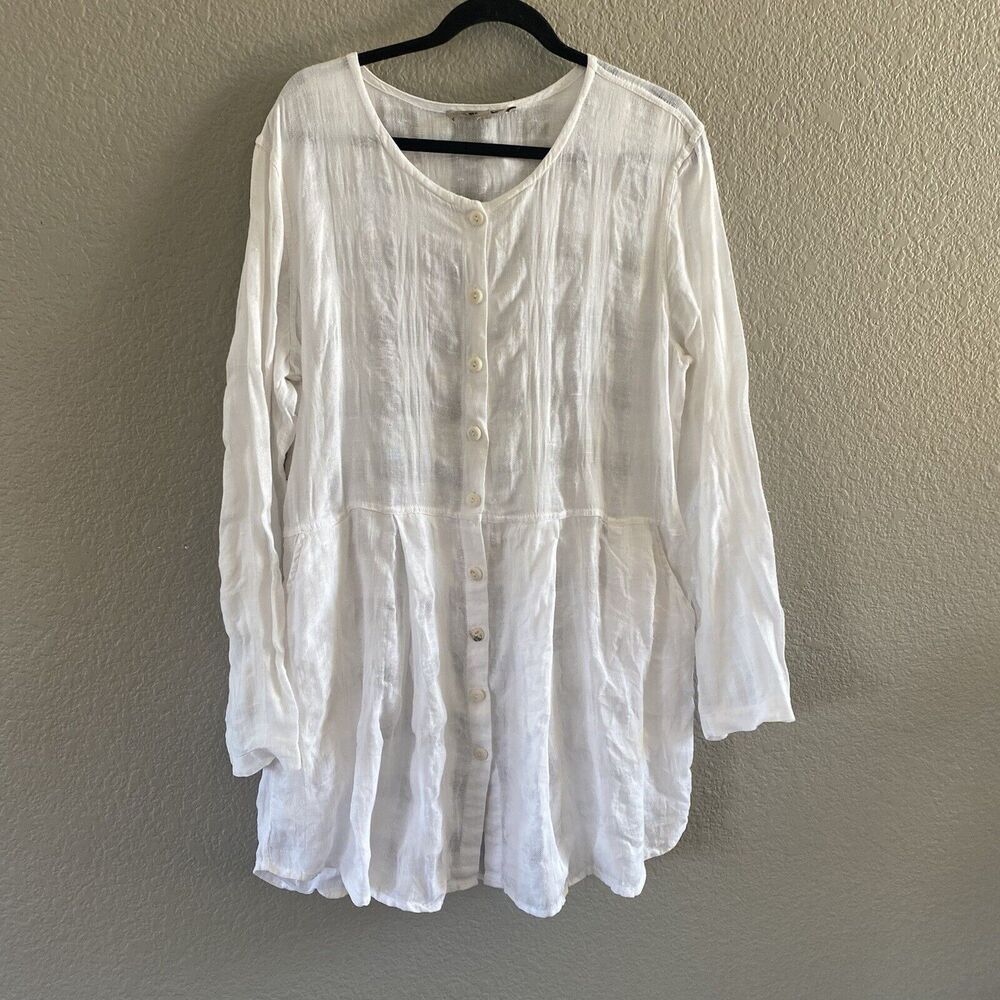 FLAX Tunic Blouse Womens Medium White Button up Linen Lagonlook Oversized Beach